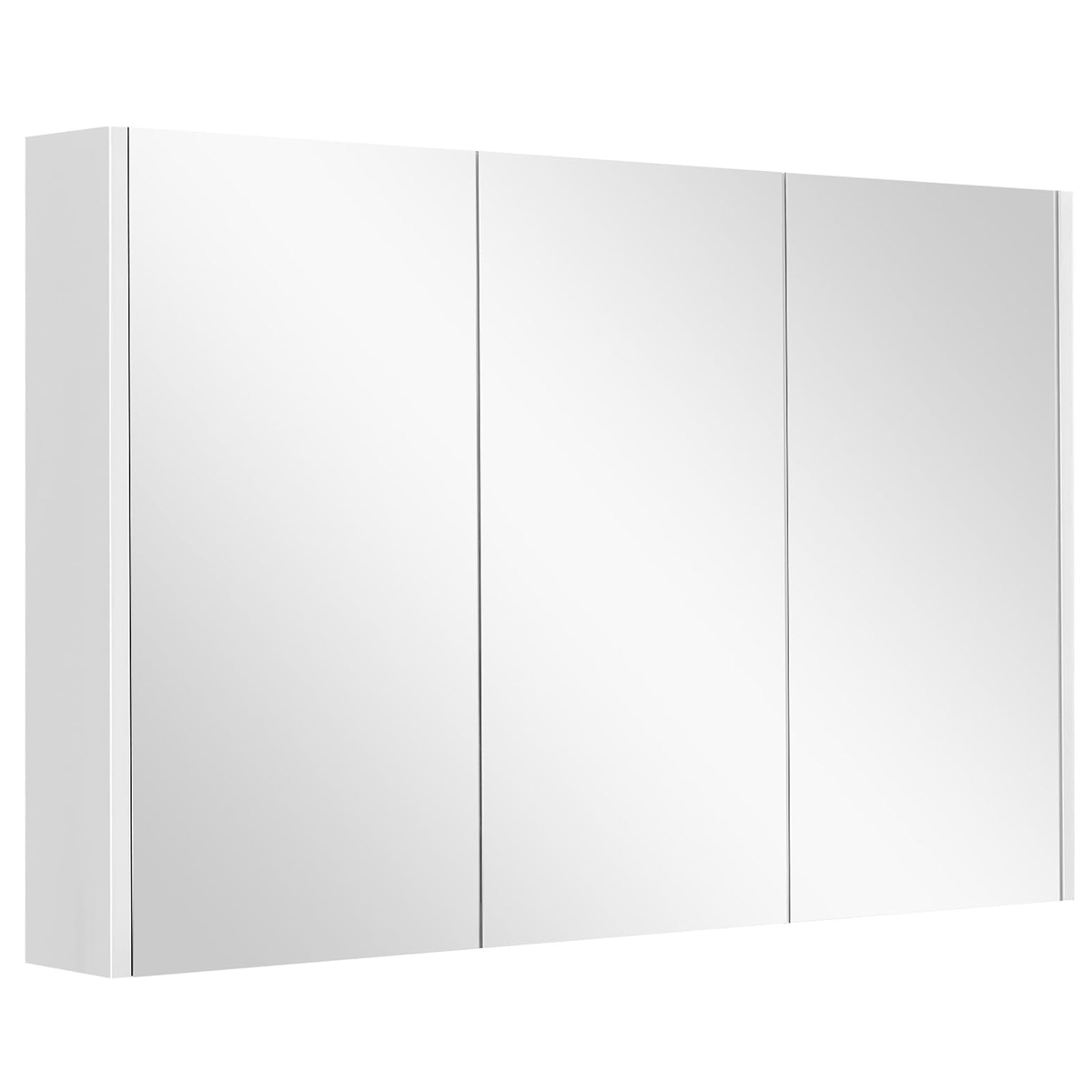 Kolme peegelukse ja kolme reguleeritava siseriiuliga seinale paigaldatav vannitoakapp ja peegelkapp (90 x 11 x 65 cm), valge
