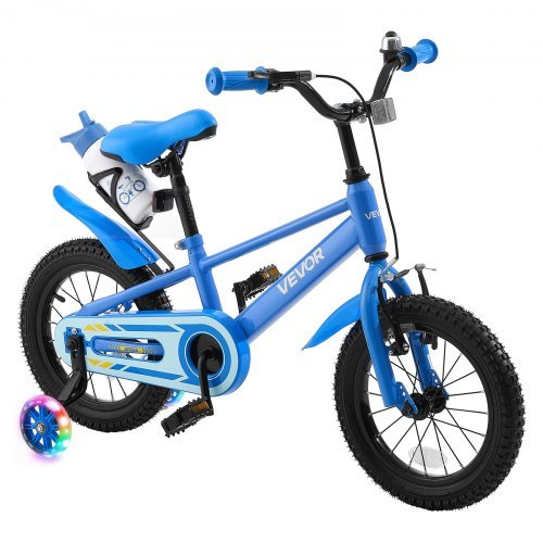 BMX stiliaus vaikiškas dviratis, 14 colių, pagalbiniai ratukai, reguliuojama sėdynė ir vairas, priekinis ir galinis kojinis stabdis, puodelio laikiklis, daug anglies turinčio plieno rėmas, 3–5 m., mėlynas
