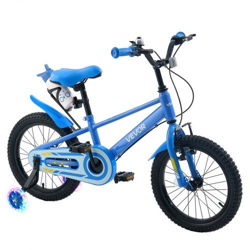 BMX stiliaus vaikiškas dviratis, 16 colių, pagalbiniai ratukai, reguliuojama sėdynė ir vairas, priekinis ir galinis būgninis stabdis, puodelio laikiklis, daug anglies turinčio plieno rėmas, 4–7 m., mėlynas